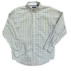 IZOD Men’s Large Button Down Yellow Blue Plaid Long Sleeve Shirt Casual